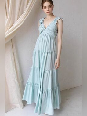 🩵Hello Cotton V- Neck Ruffle Strap Maxi Dress in Light Blue🩵